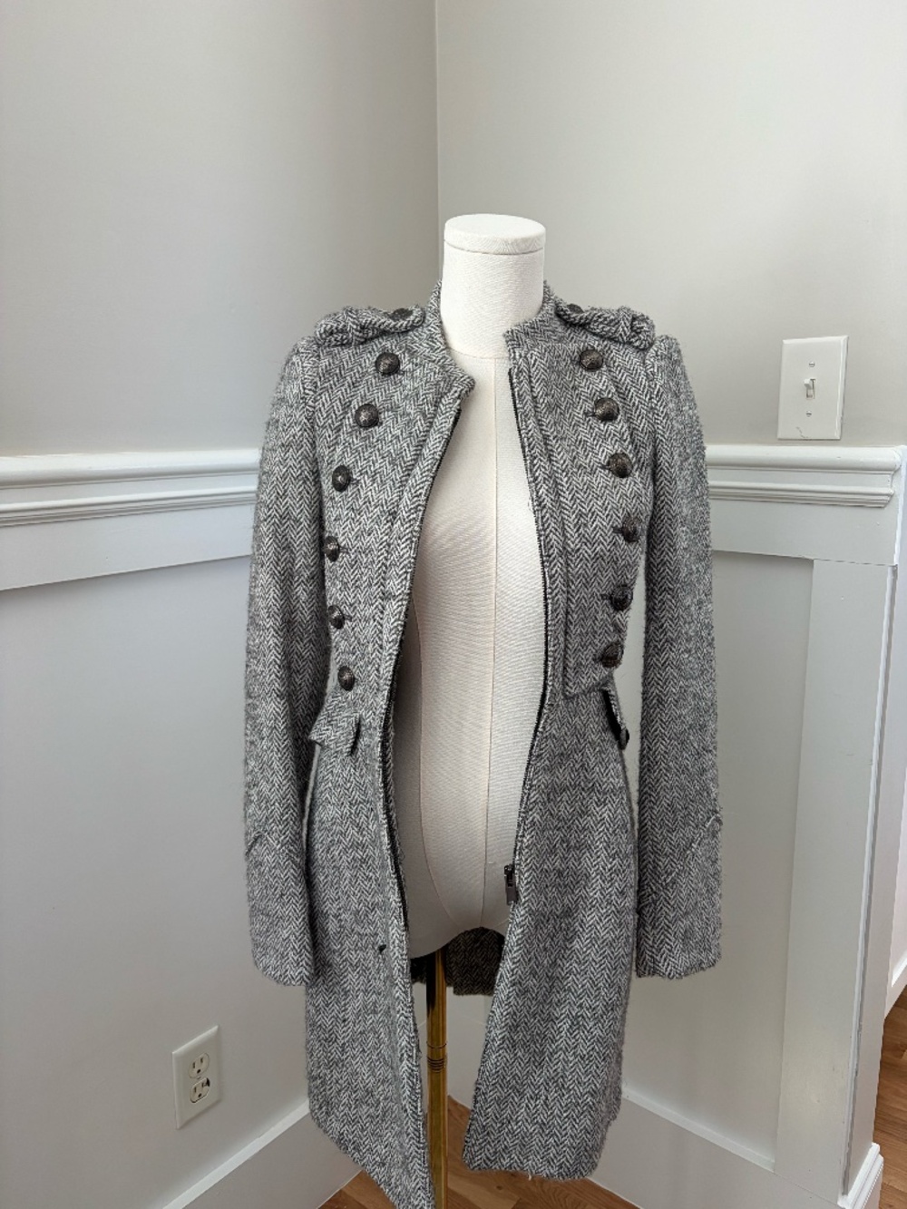 Chic Gray Herringbone Military Coat Structured Button Front XS Zara